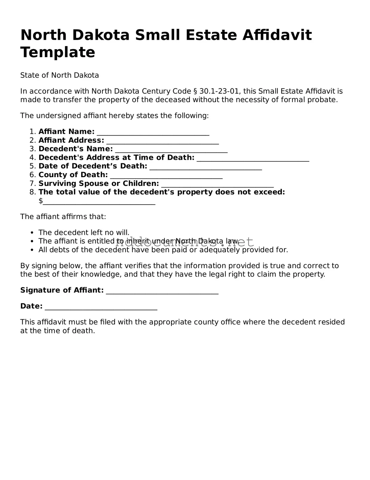 Fillable Small Estate Affidavit Document for North Dakota