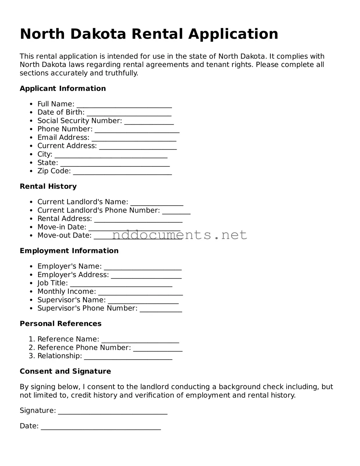 Fillable  Rental Application Document for North Dakota