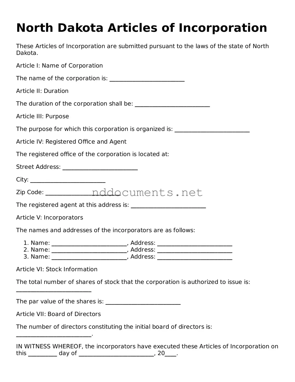 Fillable Articles of Incorporation Document for North Dakota
