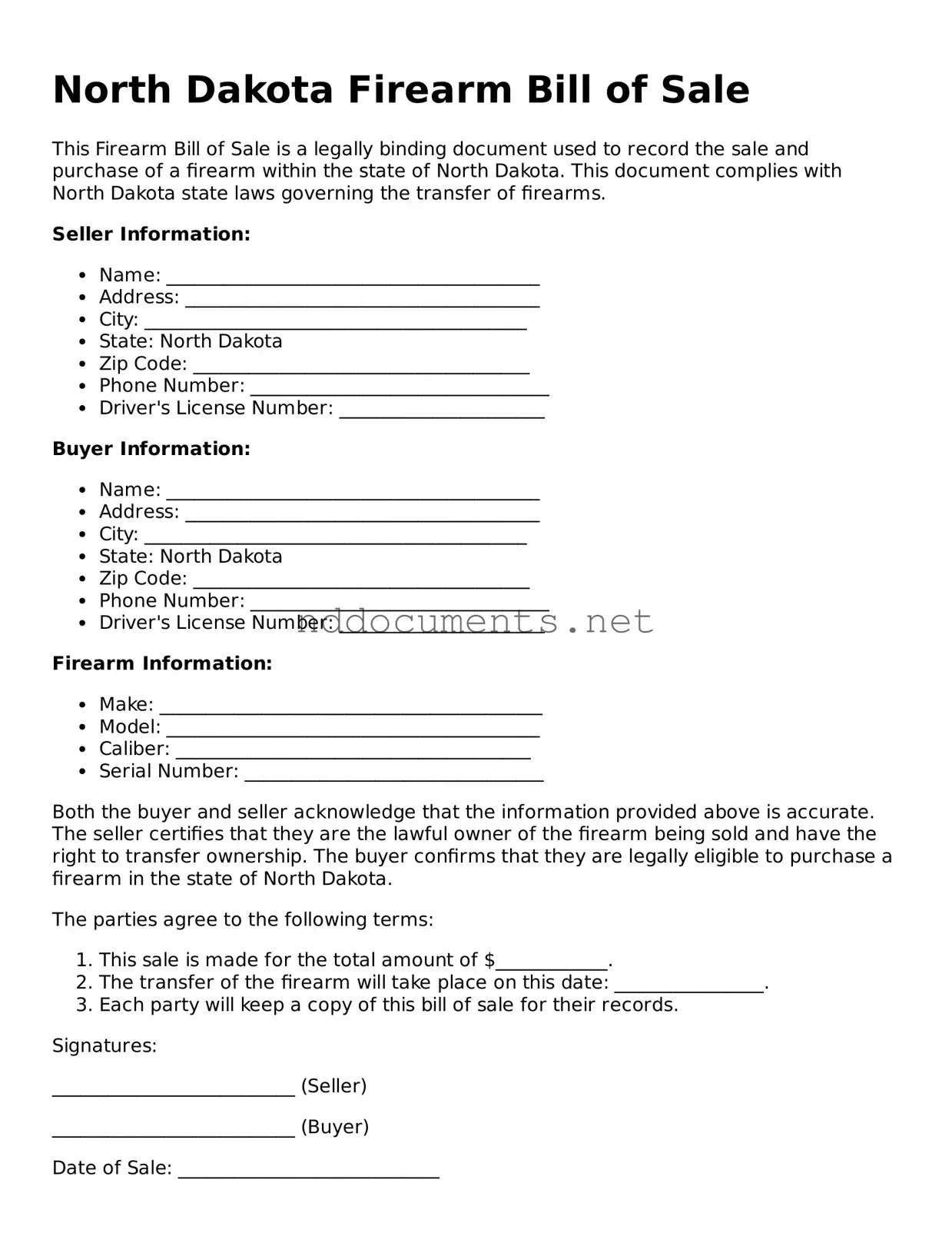 Fillable  Firearm Bill of Sale Document for North Dakota