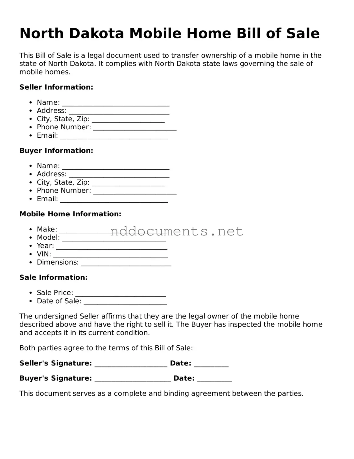 Fillable  Mobile Home Bill of Sale Document for North Dakota