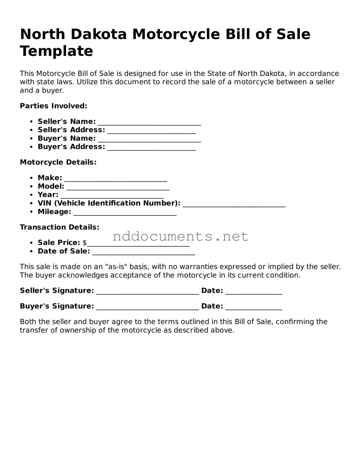 Fillable Motorcycle Bill of Sale Document for North Dakota