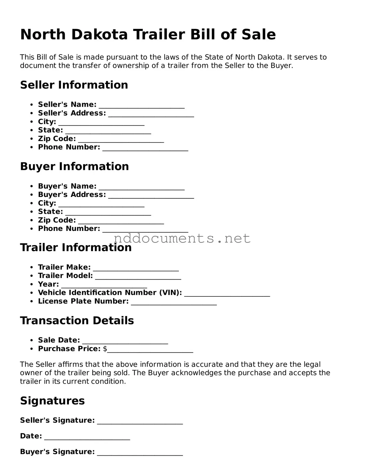 Fillable  Trailer Bill of Sale Document for North Dakota