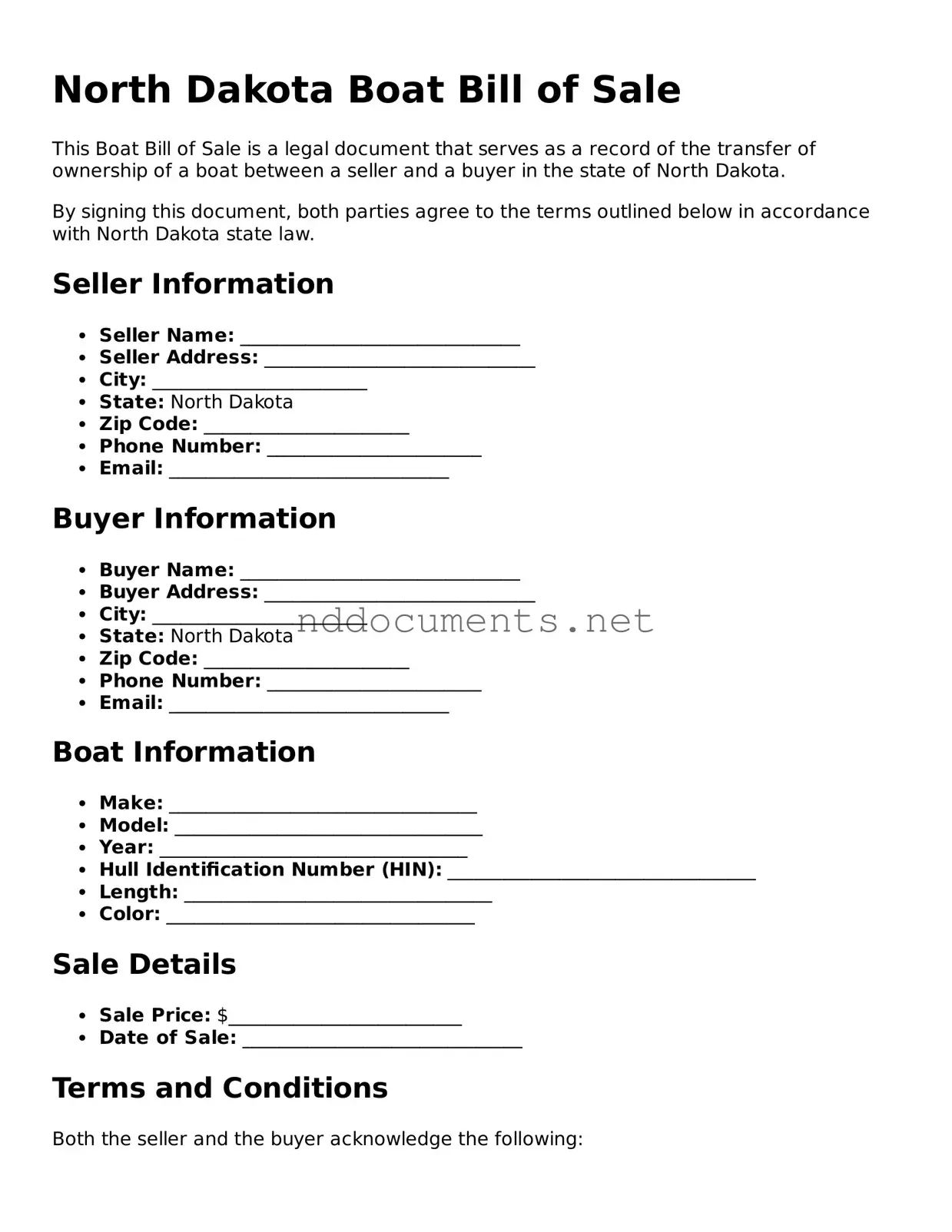 Fillable  Boat Bill of Sale Document for North Dakota