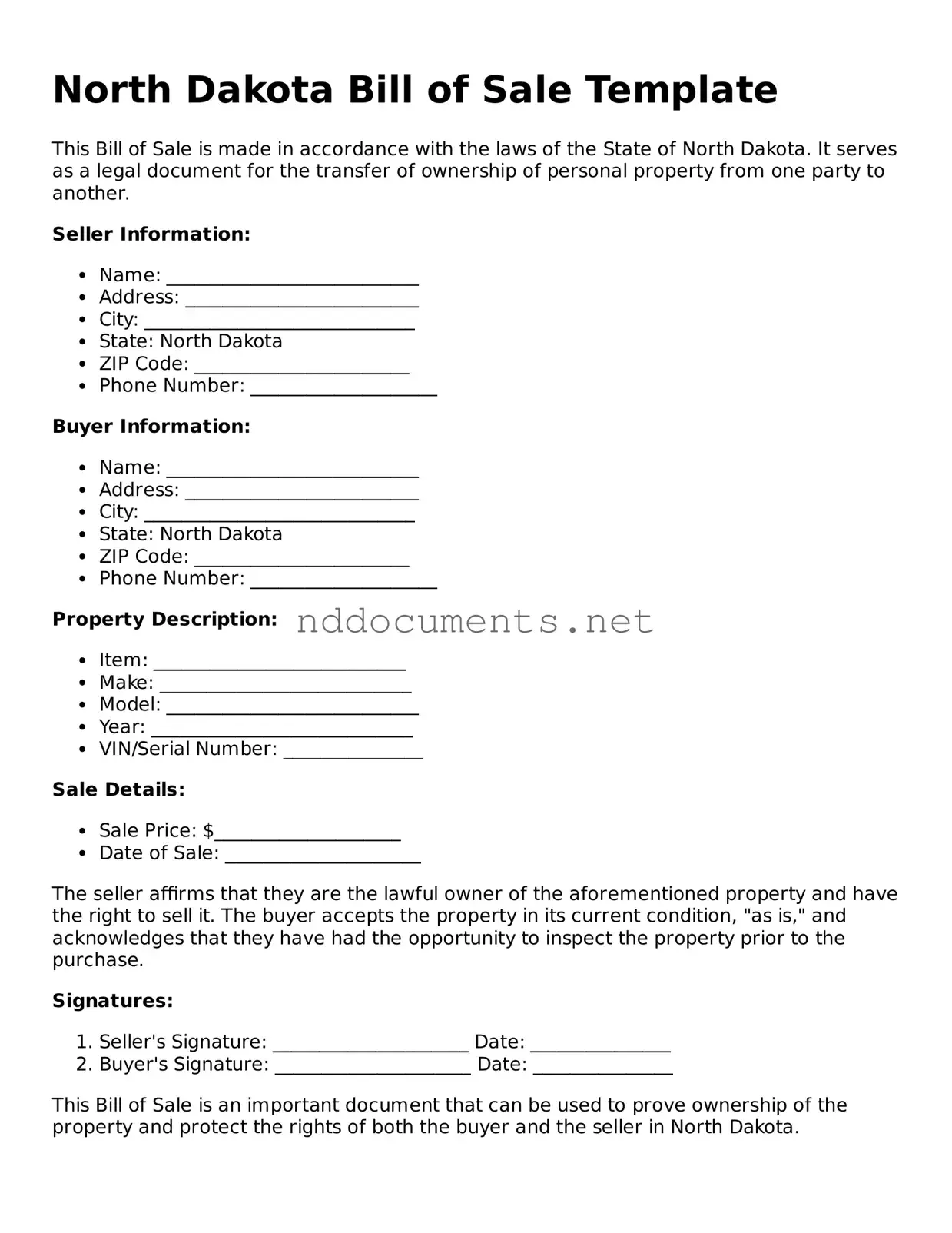 Fillable  Bill of Sale Document for North Dakota