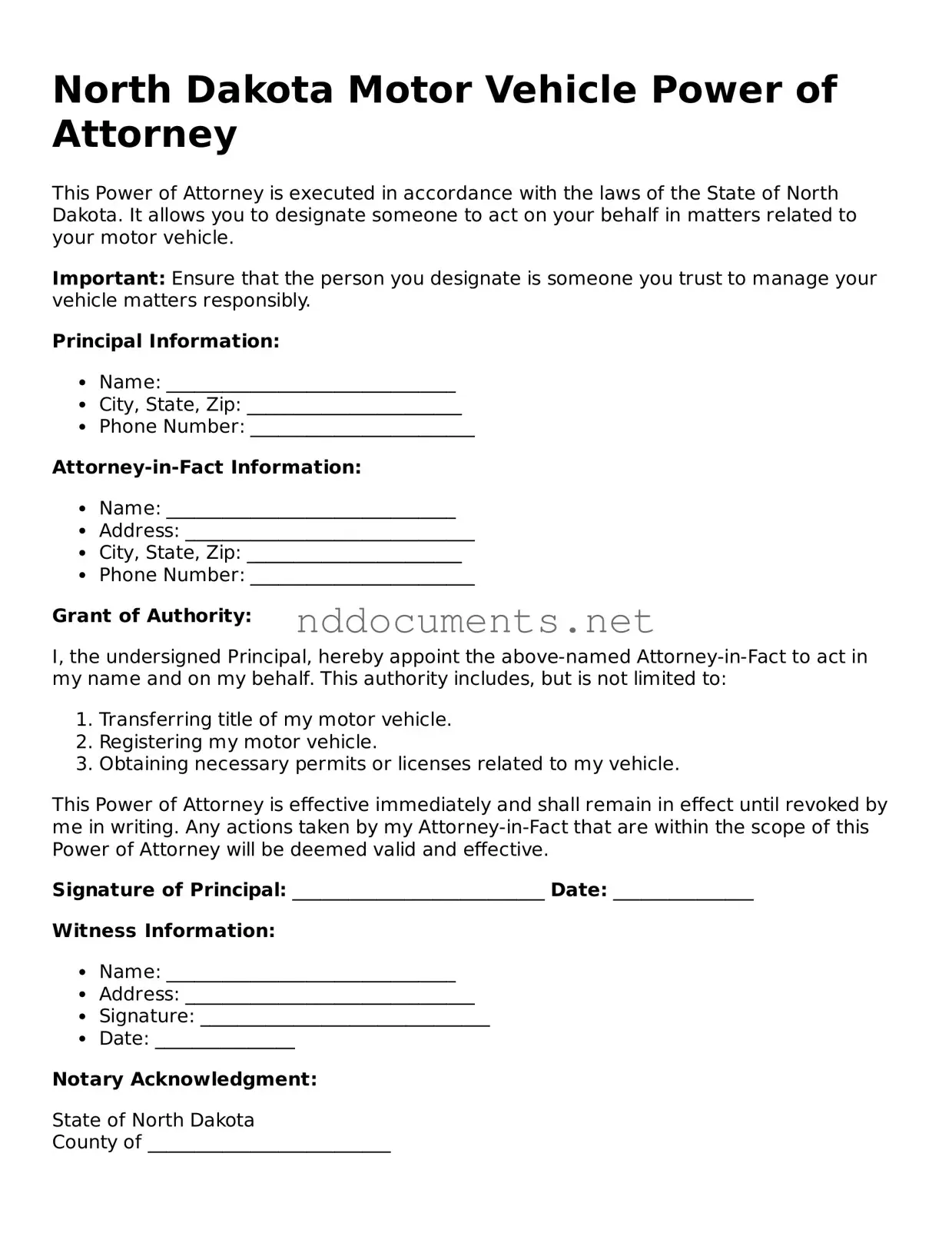 Fillable Motor Vehicle Power of Attorney Document for North Dakota