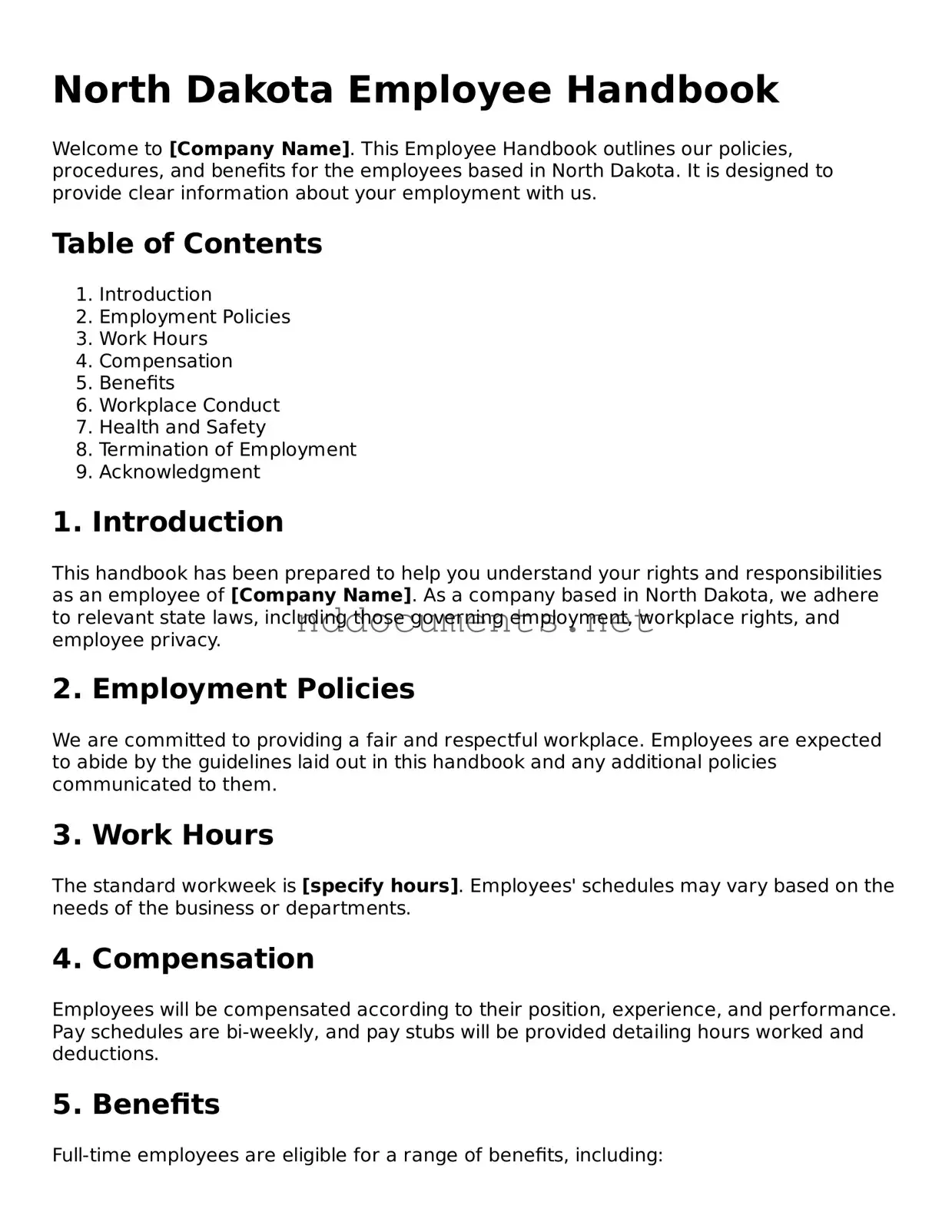 Fillable  Employee Handbook Document for North Dakota