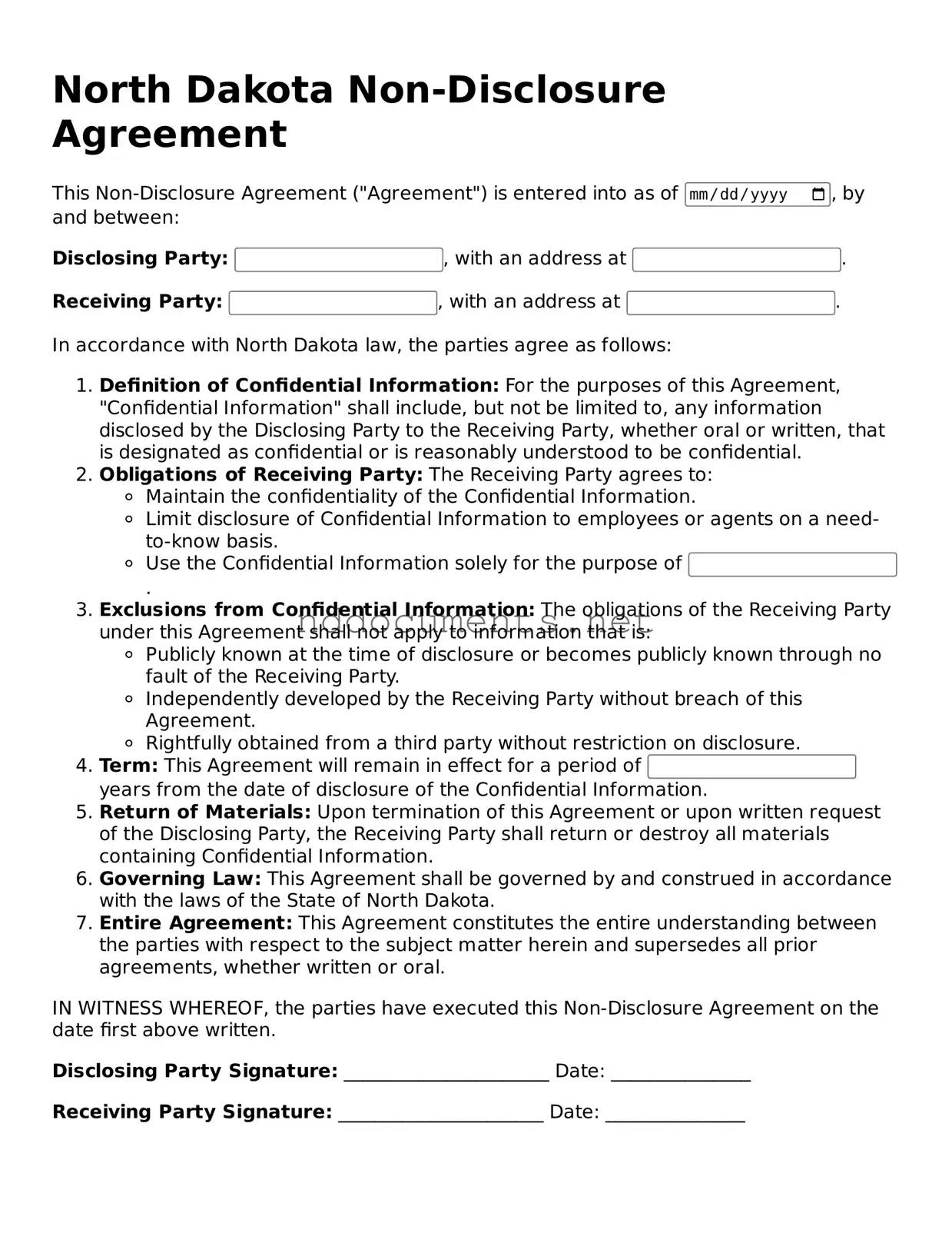 Fillable Non-disclosure Agreement Document for North Dakota