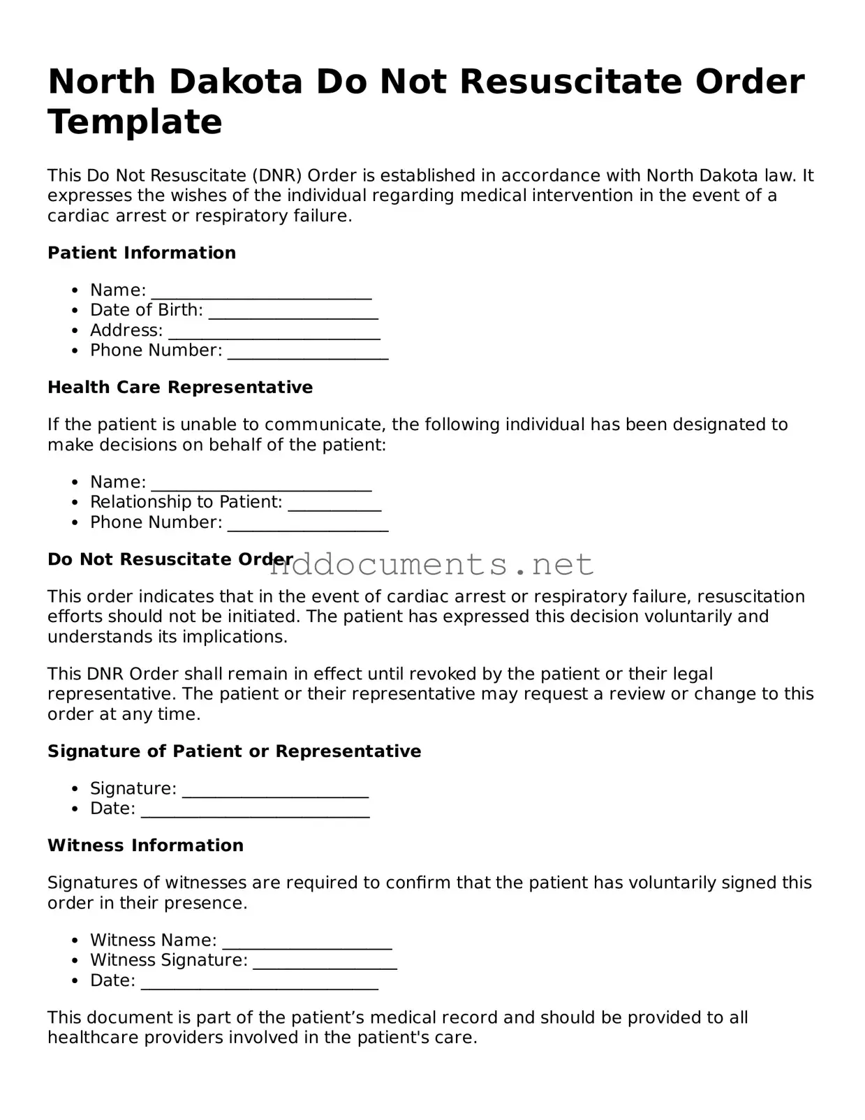 Fillable Do Not Resuscitate Order Document for North Dakota