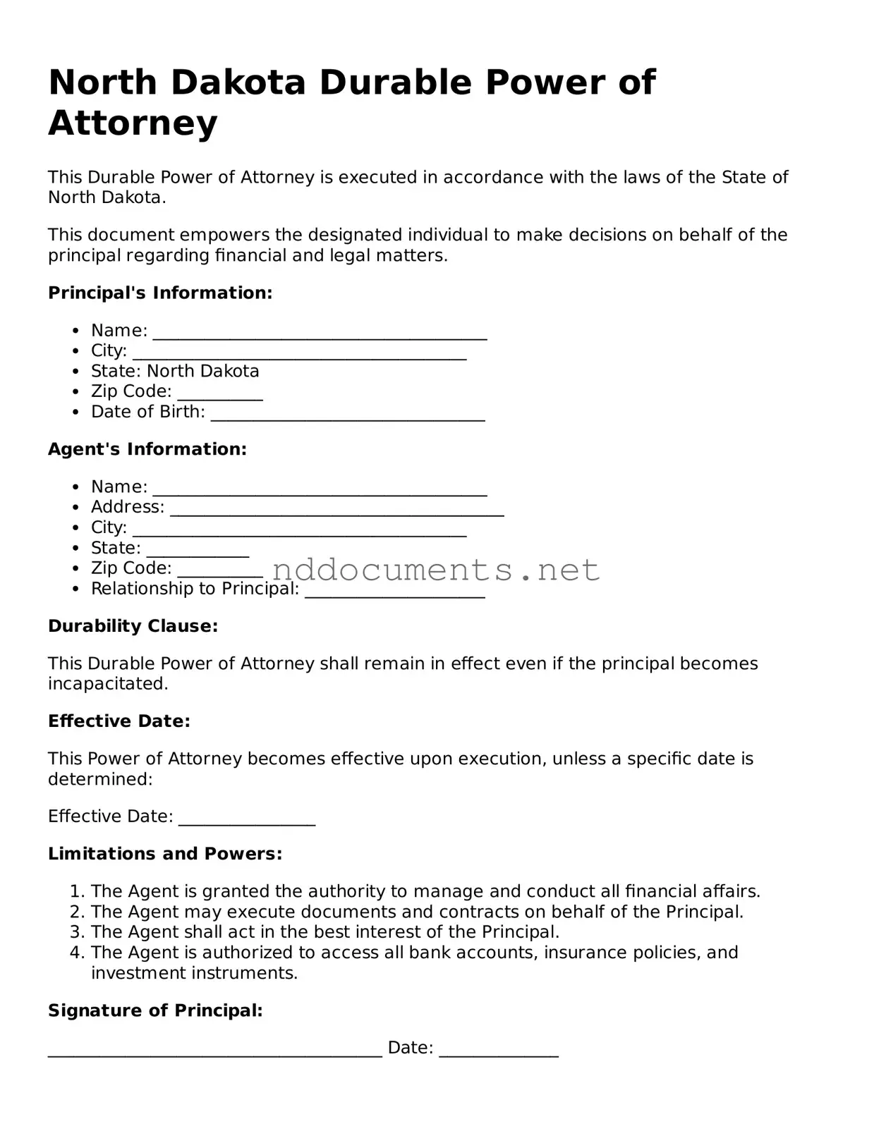 Fillable Durable Power of Attorney Document for North Dakota
