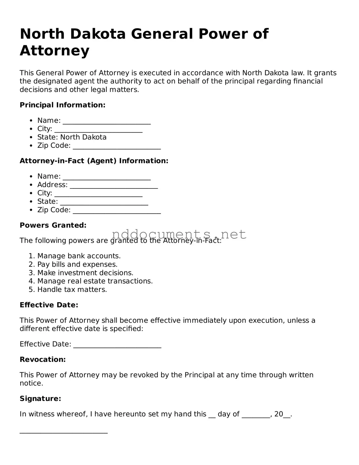 Fillable General Power of Attorney Document for North Dakota