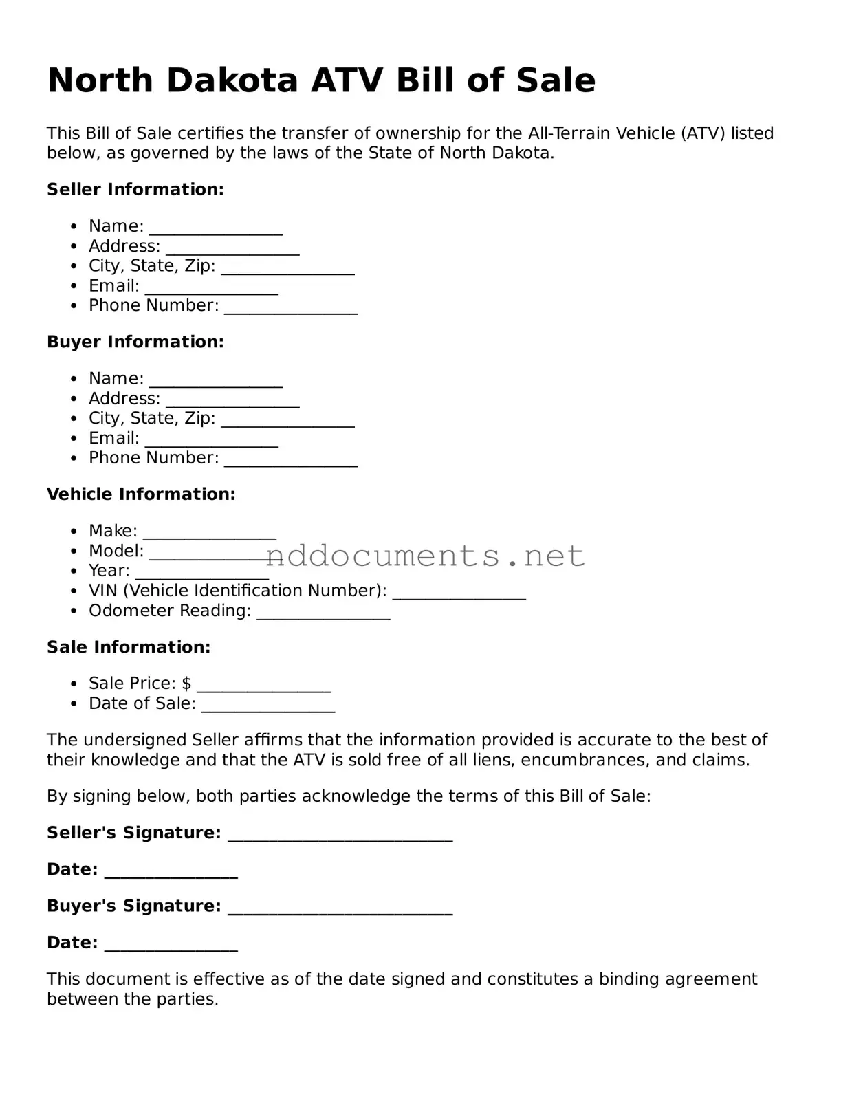 Fillable ATV Bill of Sale Document for North Dakota