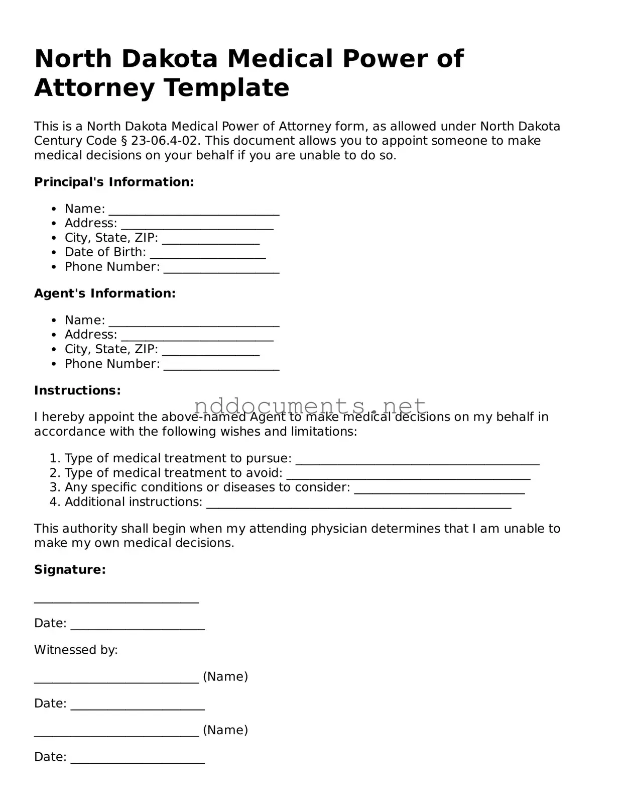 Fillable Medical Power of Attorney Document for North Dakota