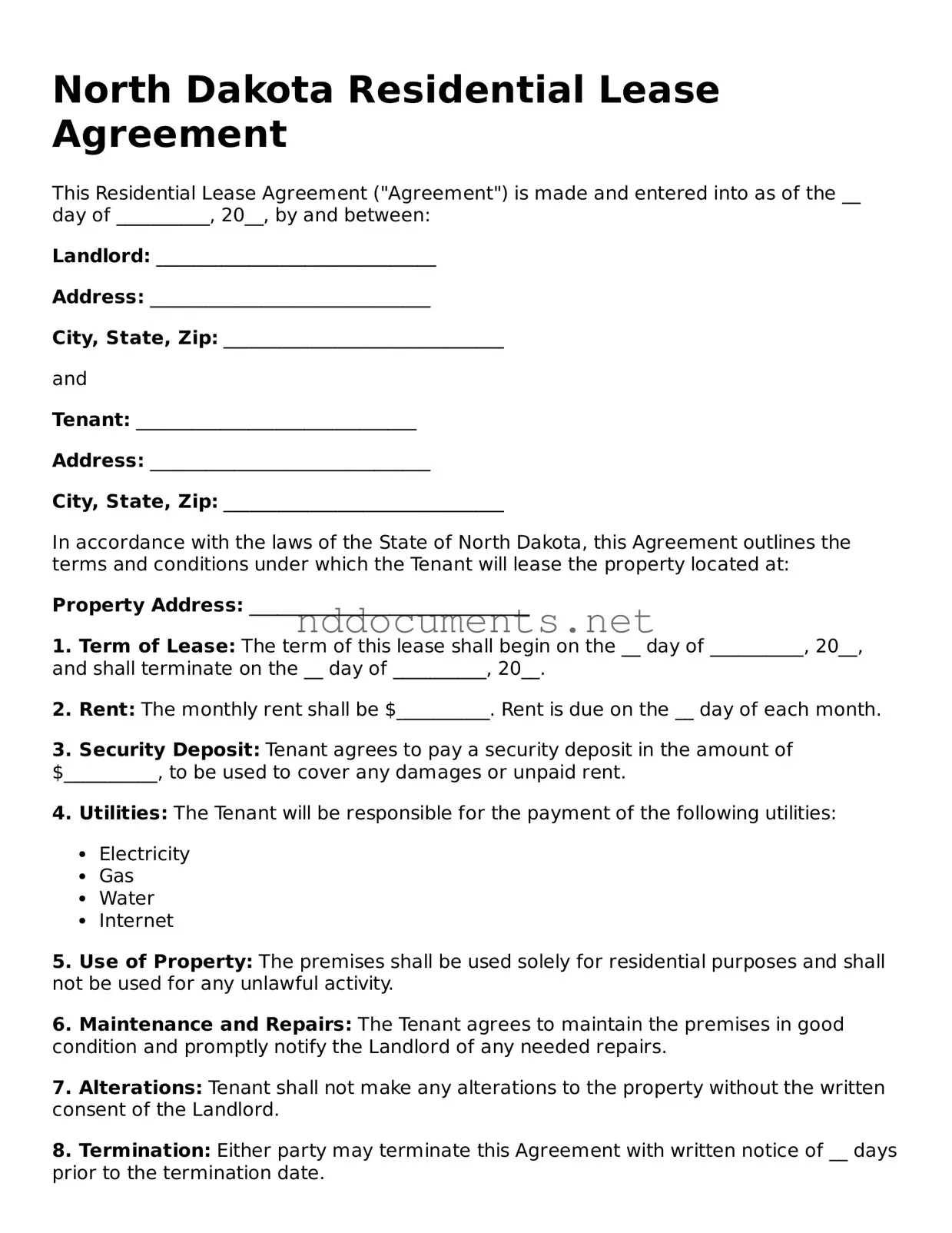 Fillable Residential Lease Agreement Document for North Dakota