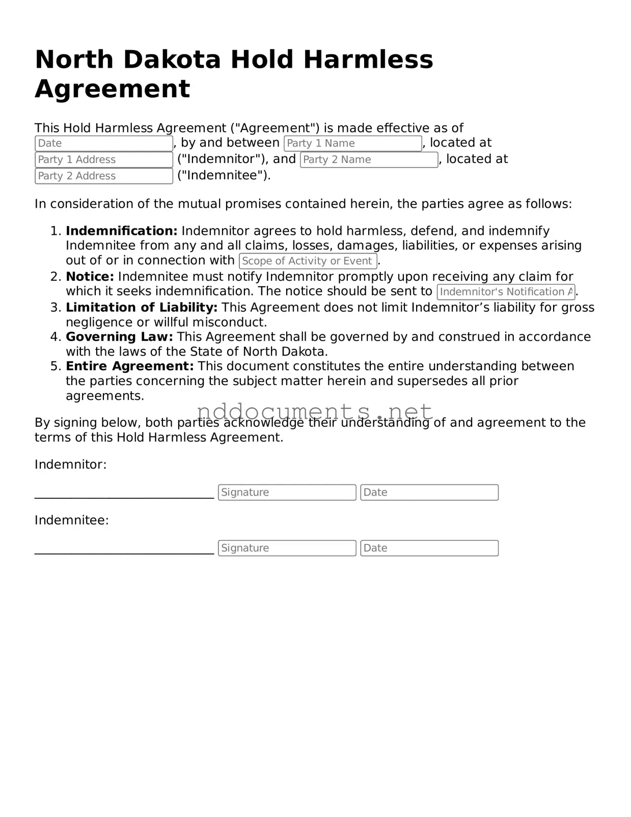 Fillable  Hold Harmless Agreement Document for North Dakota