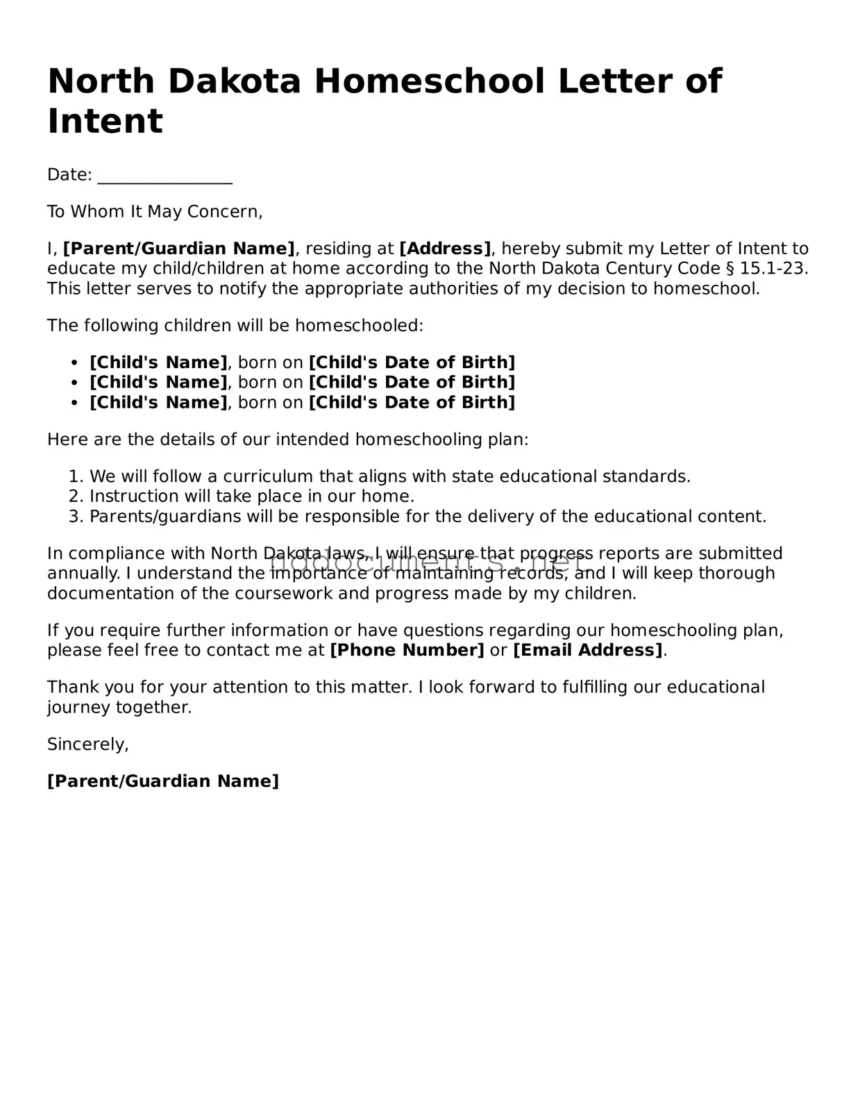 Fillable Homeschool Letter of Intent Document for North Dakota