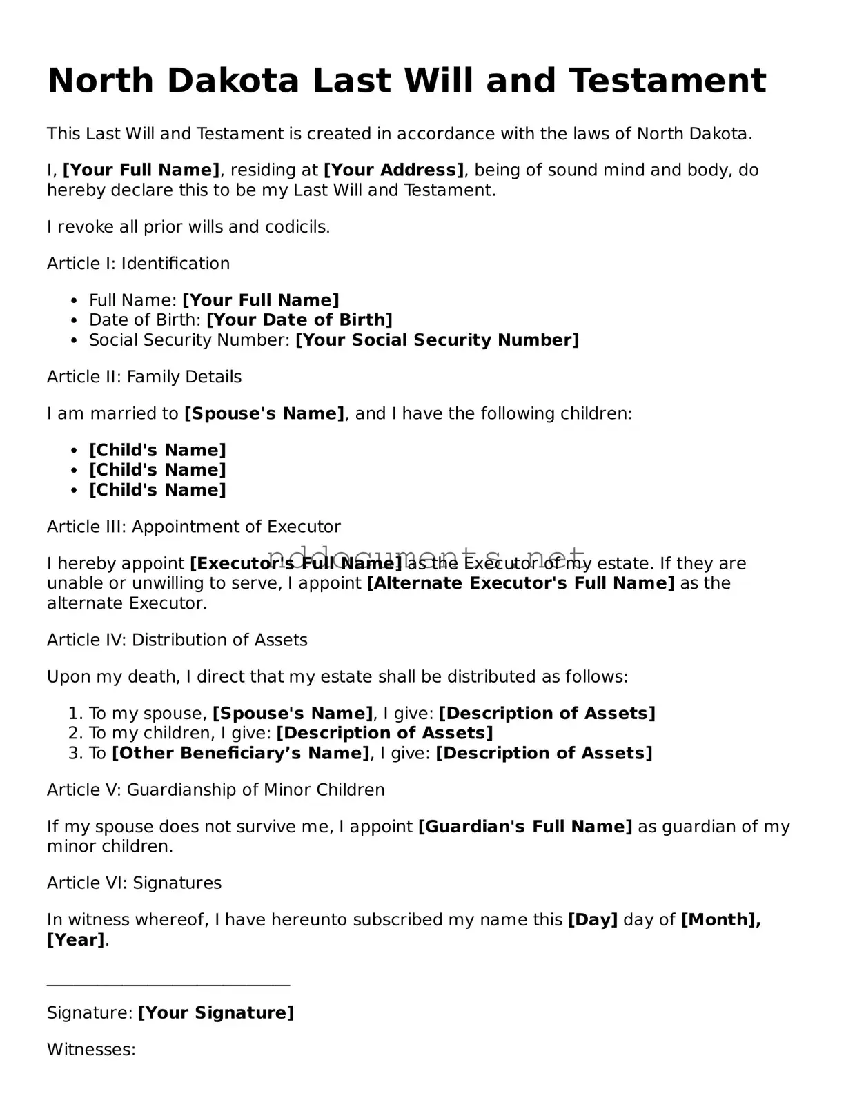 Fillable Last Will and Testament Document for North Dakota