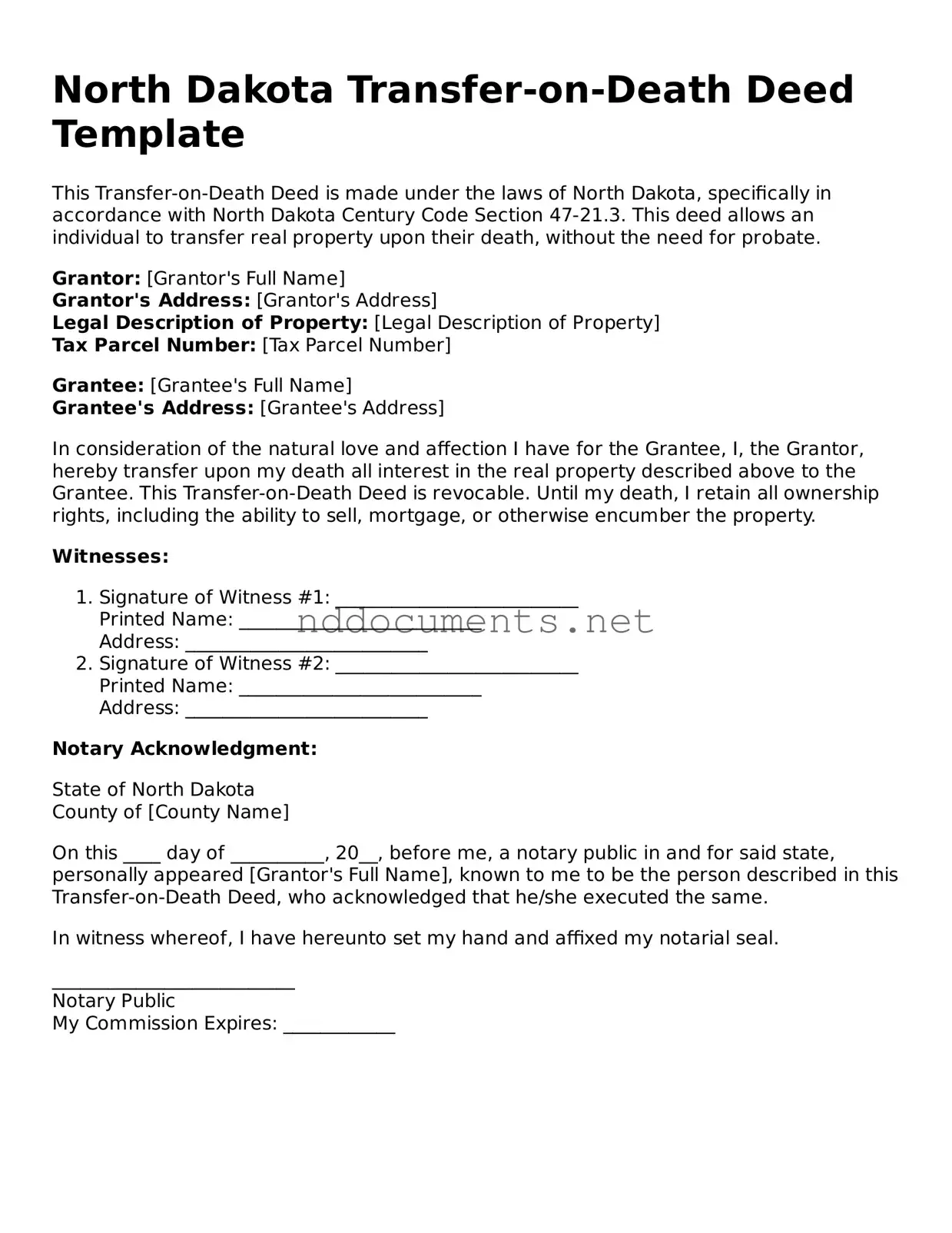 Fillable  Transfer-on-Death Deed Document for North Dakota