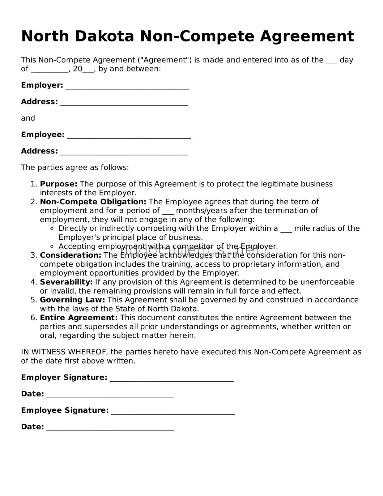 Fillable  Non-compete Agreement Document for North Dakota