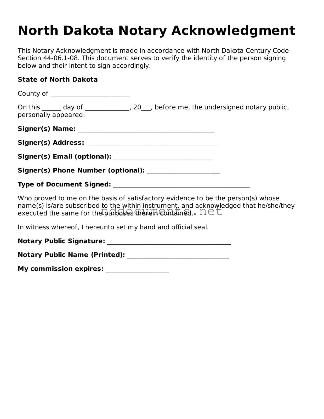 Fillable  Notary Acknowledgement Document for North Dakota