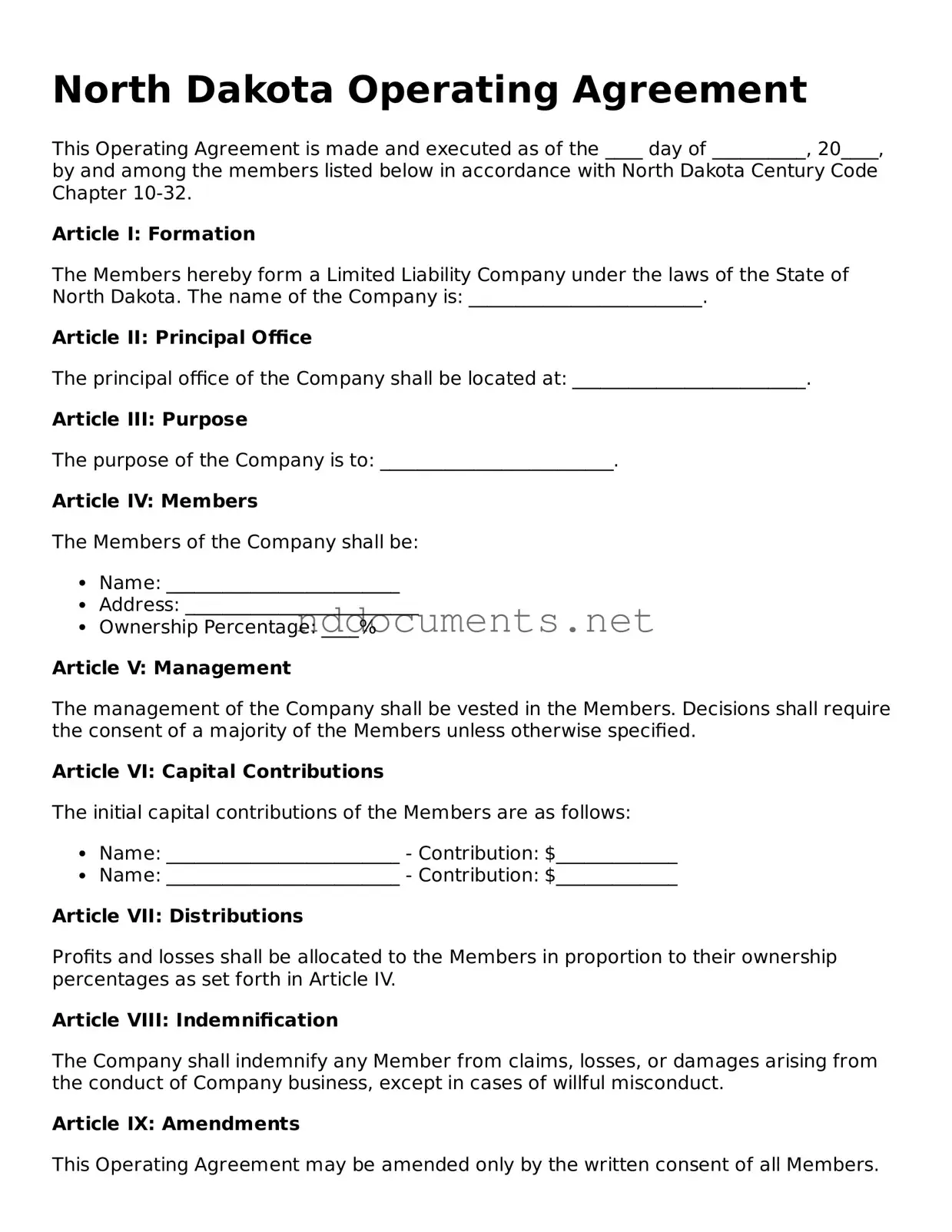 Fillable Operating Agreement Document for North Dakota