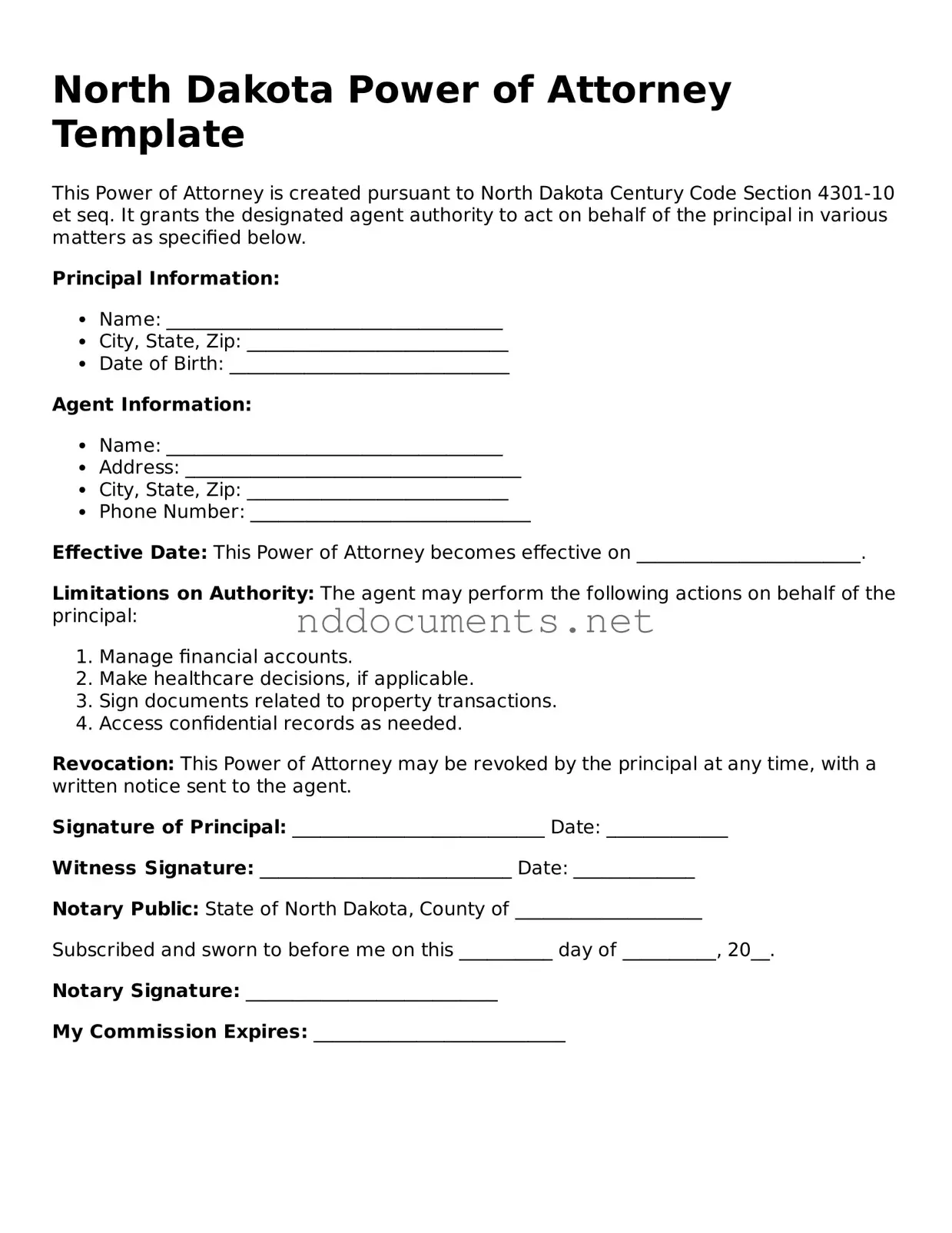 Fillable Power of Attorney Document for North Dakota