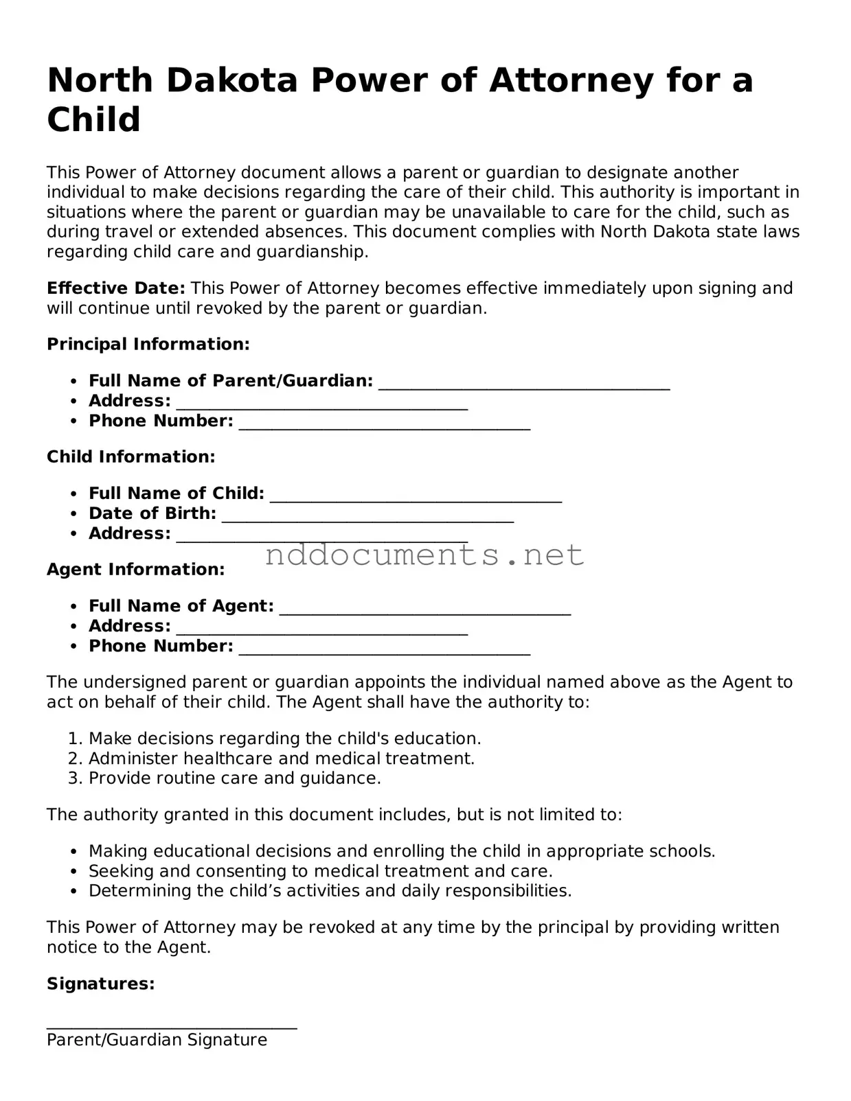 Fillable  Power of Attorney for a Child Document for North Dakota