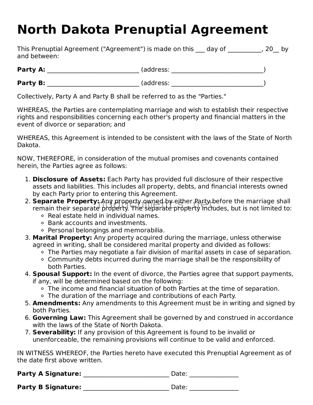 Fillable  Prenuptial Agreement Document for North Dakota