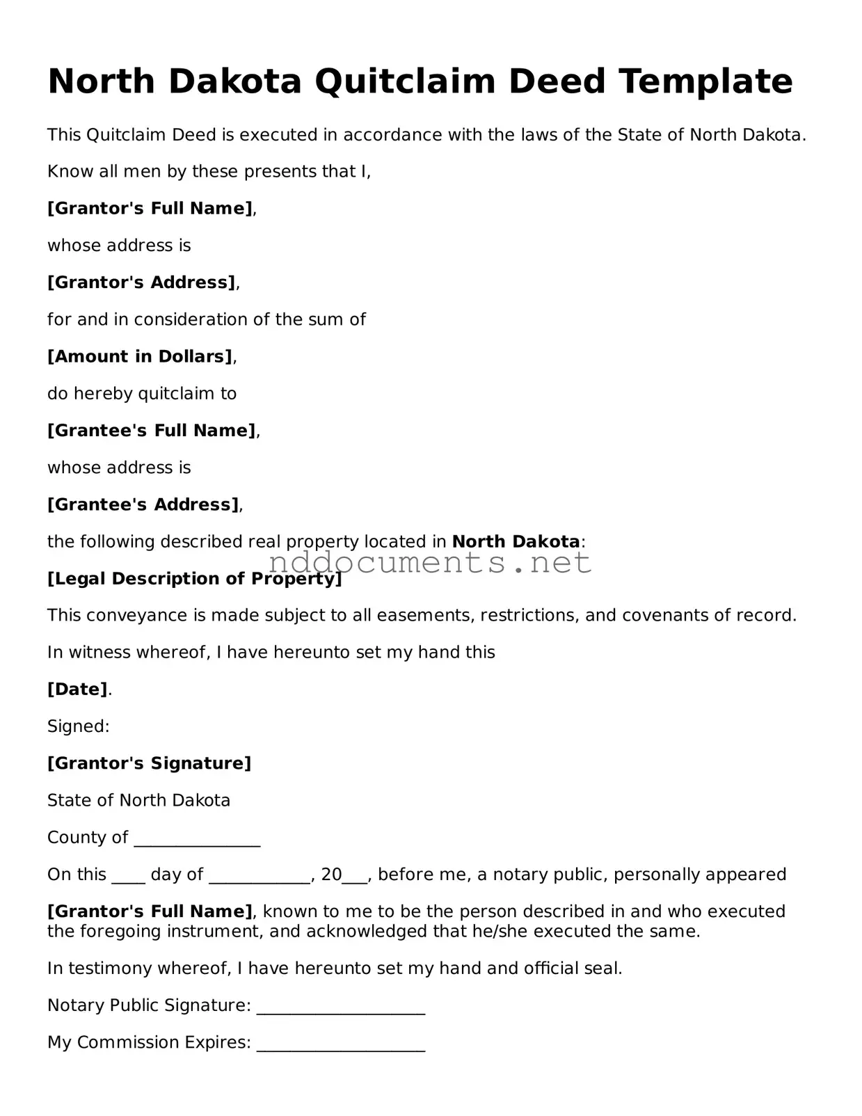 Fillable  Quitclaim Deed Document for North Dakota