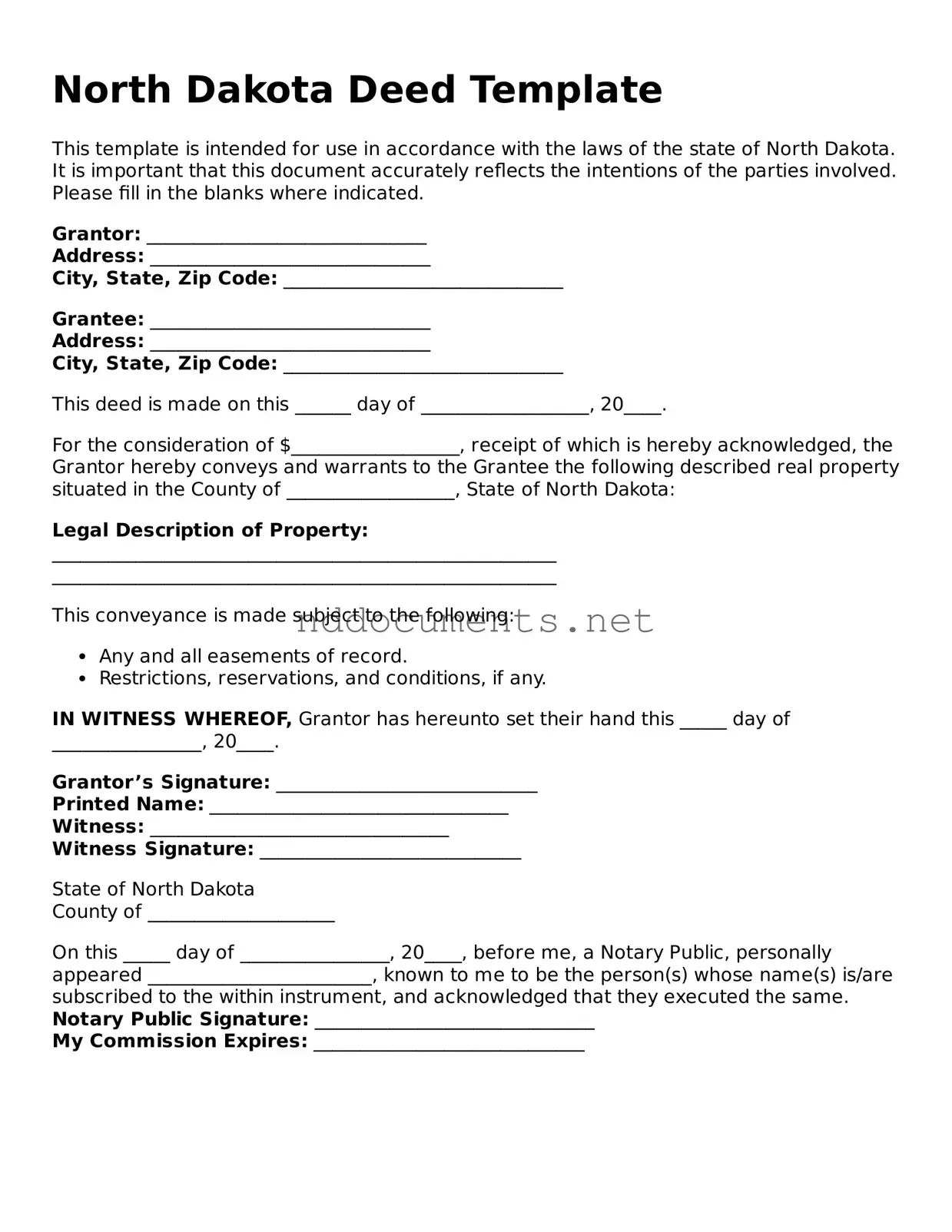 Fillable  Deed Document for North Dakota