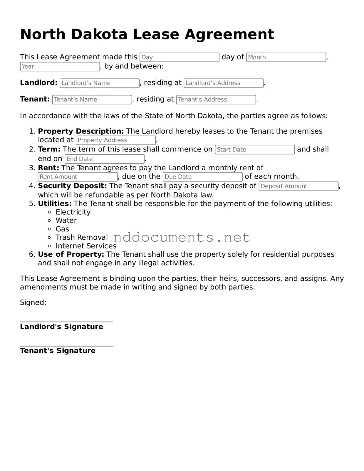 Fillable Lease Agreement Document for North Dakota