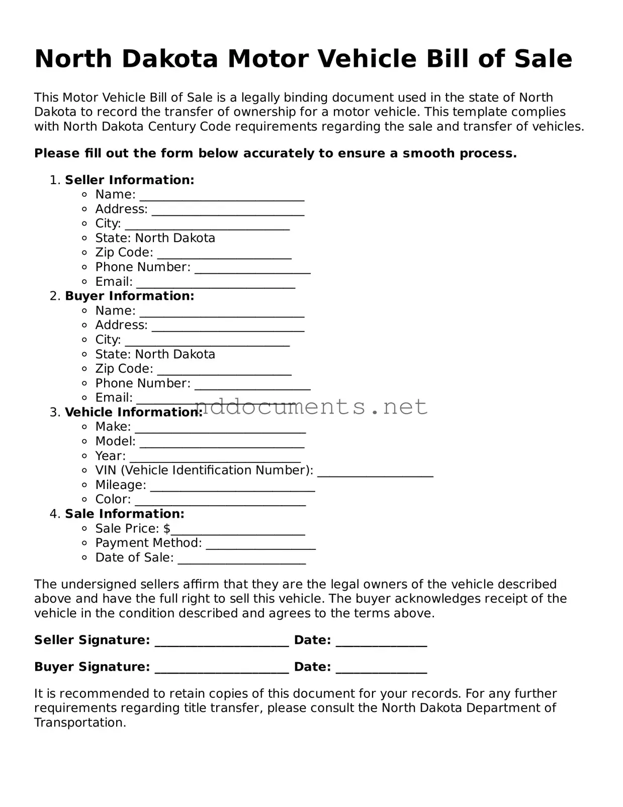 Fillable  Motor Vehicle Bill of Sale Document for North Dakota