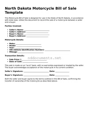 Fillable  Motorcycle Bill of Sale Document for North Dakota