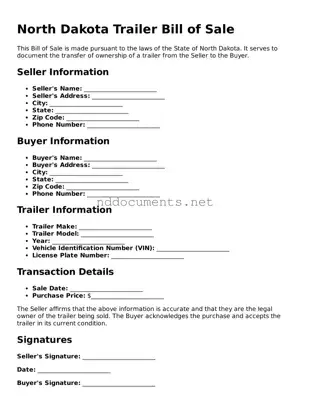 Fillable  Trailer Bill of Sale Document for North Dakota