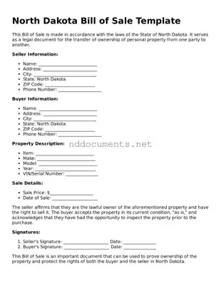 Fillable  Bill of Sale Document for North Dakota