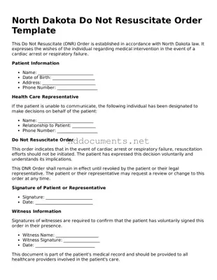 Fillable  Do Not Resuscitate Order Document for North Dakota