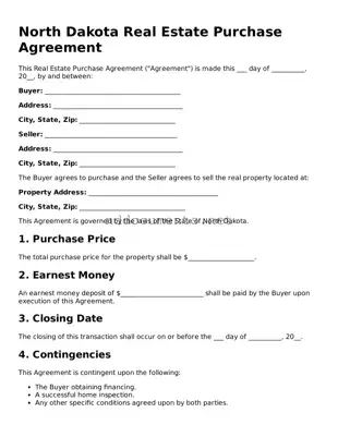 Fillable  Real Estate Purchase Agreement Document for North Dakota
