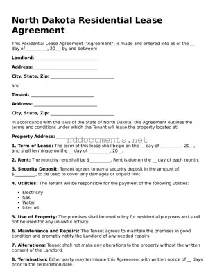 Fillable  Residential Lease Agreement Document for North Dakota