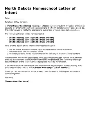 Fillable  Homeschool Letter of Intent Document for North Dakota