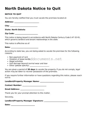 Fillable  Notice to Quit Document for North Dakota