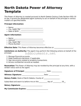Fillable  Power of Attorney Document for North Dakota