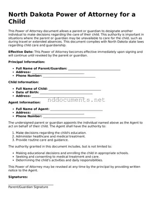 Fillable  Power of Attorney for a Child Document for North Dakota