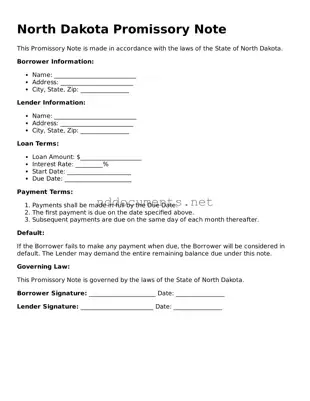 Fillable Promissory Note Document for North Dakota