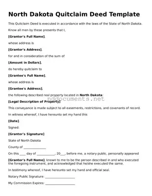 Fillable  Quitclaim Deed Document for North Dakota