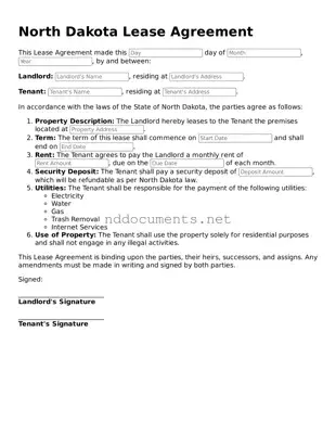 Fillable  Lease Agreement Document for North Dakota