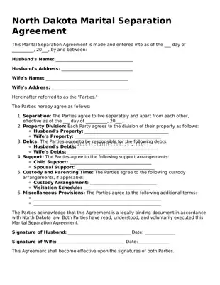 Fillable  Marital Separation Agreement Document for North Dakota