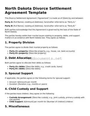 Fillable  Divorce Settlement Agreement Document for North Dakota