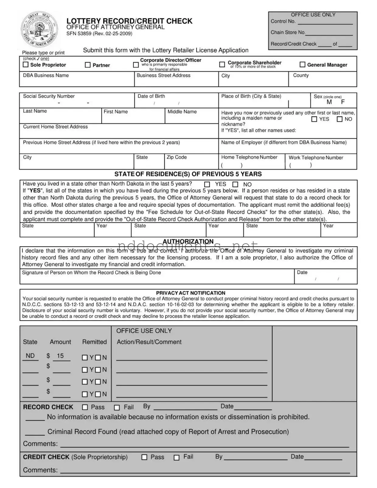 Free Sfn 53859 North Dakota Template